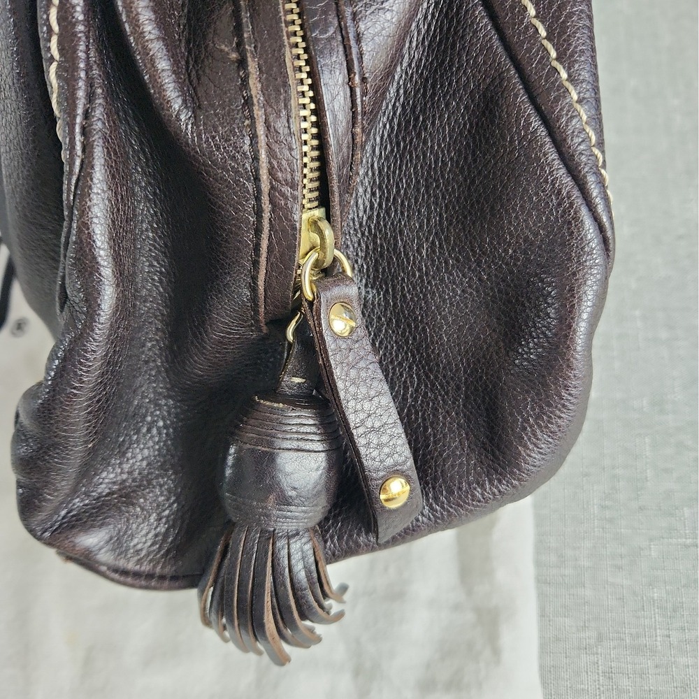 Vintage MOSCHINO Large Brown Pebbled Leather Dual Handle Bag Teal Lining 18" Y2K - Picture 4 of 12